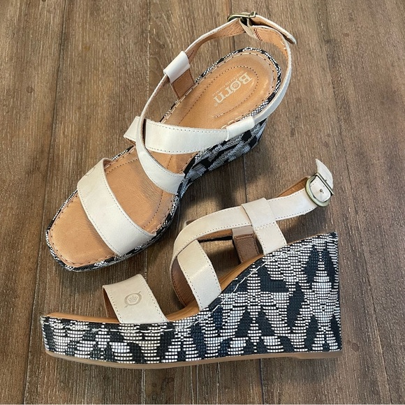 BORN Women’s Leather Strappy Cushioned Wedge Sandal Woven Square Toe Boho 10 - Picture 4 of 11